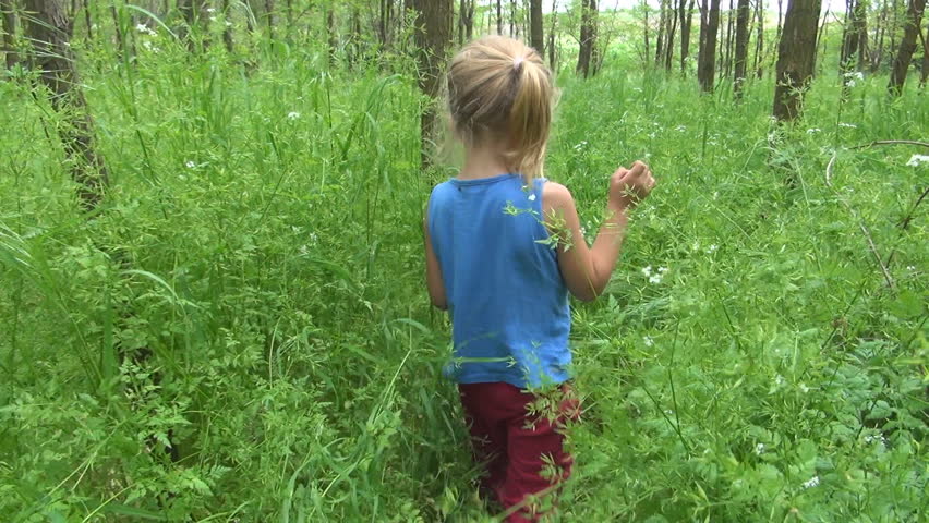 POV Child Walking in Acacia Forest, Girl Playing in Wood, Children in Nature