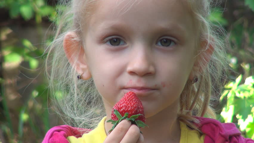 Child Eating Strawberries Sitting, Fruits, Healthy Food at Breakfast, Children