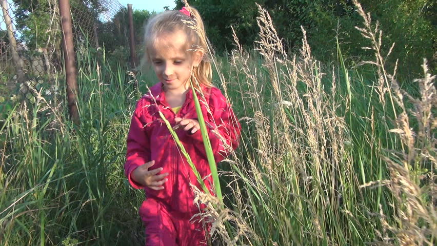 POV Child Walking in Tall Grass, Rustic Little Girl in Village, Sunset