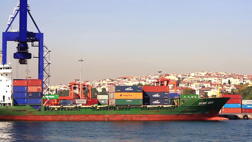 ISTANBUL - SEP 27: Container Ship, EFENDI BABA (IMO: 9087544, Turkey) on September 27, 2012 in Istanbul. A 116 mt long, 19 mt width vessel, launched into the sea in 1994 and has a 7,014 DWT.