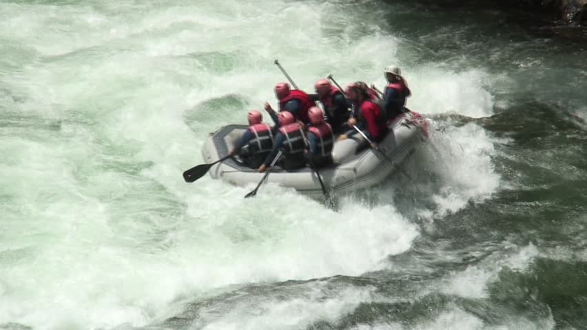 1080i, not rendered: Two rafting boats on whitewater - Noguera Pallaresa - Pyrenees - Spain. Tripod.