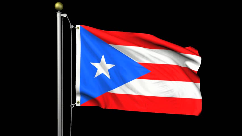 Seamless looping high definition video of the Puerto Rican flag waving on a flag pole with luma matte included.  Flag has an accurate design and a detailed fabric texture with partial transparency.