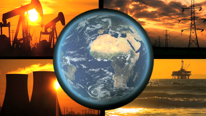 Montage of fossil energy production with revolving earth graphic