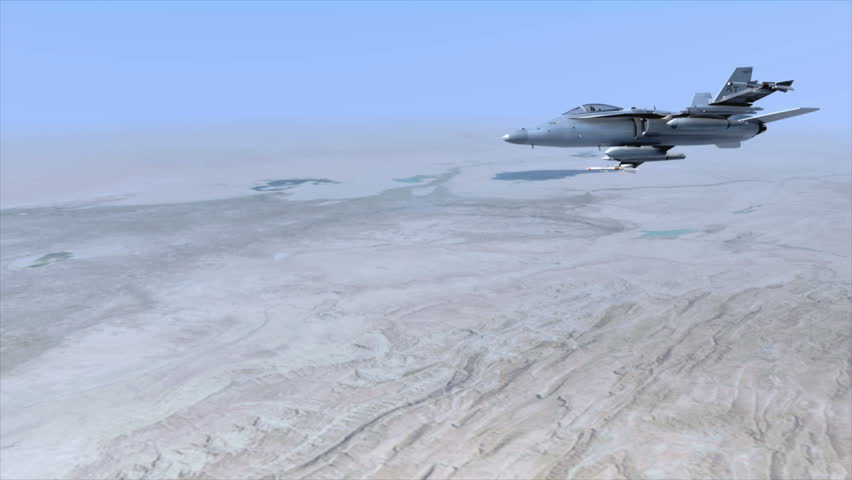 An F18 Hornet flying over the Middle East. The pilot turns his head towards the camera.  (Very detailed animation!)