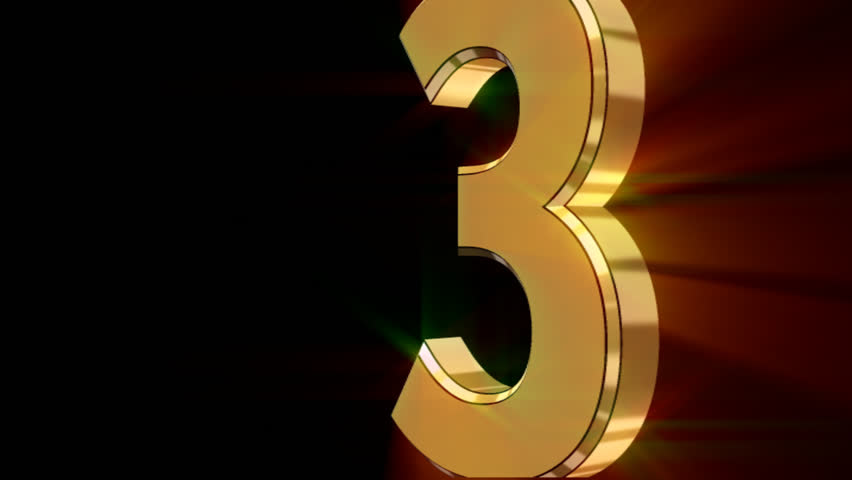 3D number "3" enters screen right, rotates and spins out wiping through screen. The number appears to be made of gold and has glow and light streaks. 