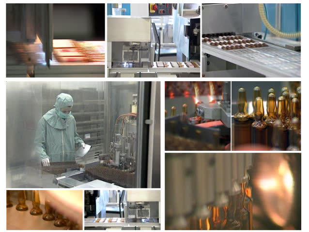 Collage of video clips showing production of vaccines in pharmaceutical factory.