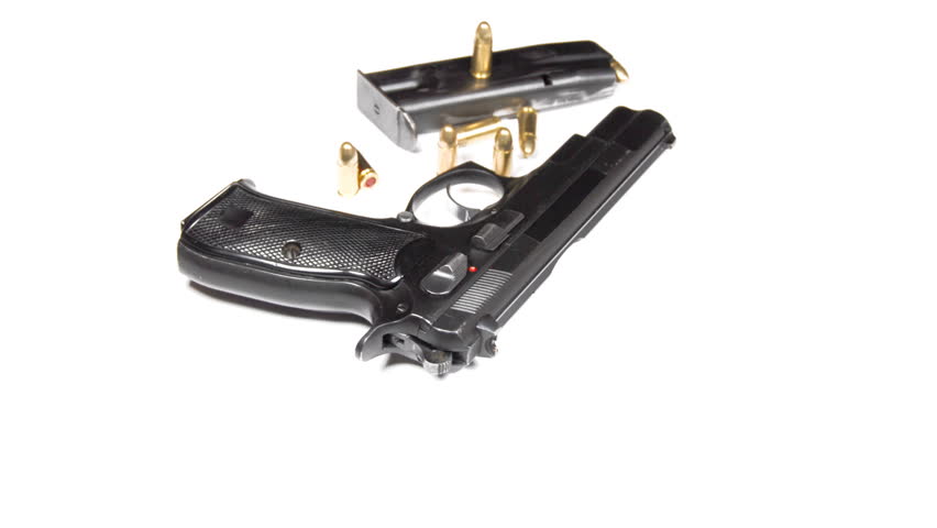 real 3D pistol, bullets and magazines isolated on white