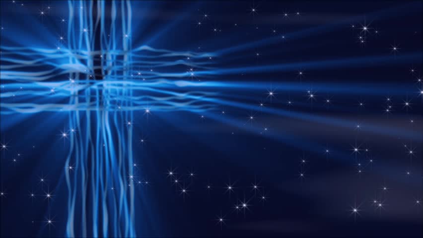 HD Seamless Loop-blue cross of slowly flowing and glowing lines with light rays and particle emanating forth.
