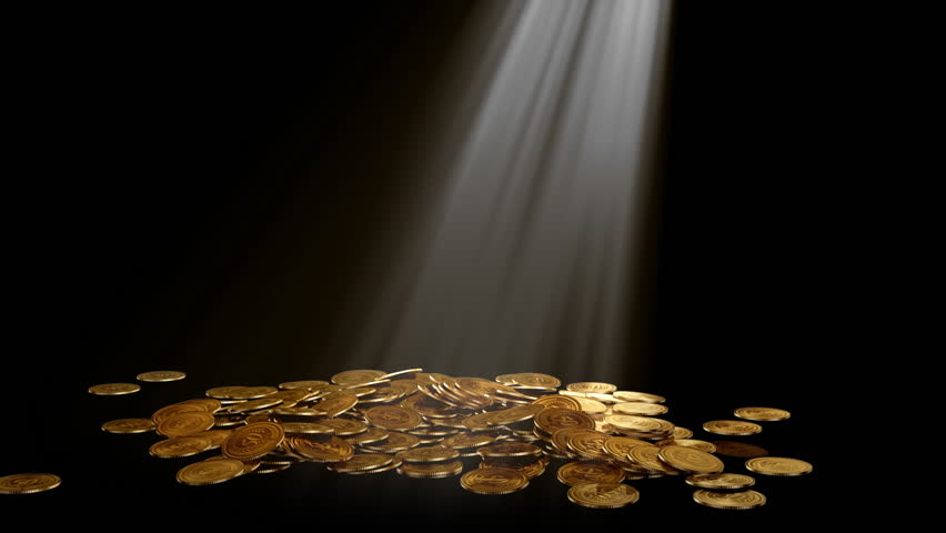 golden coins on black, volume light, growing plant, HD1080p 