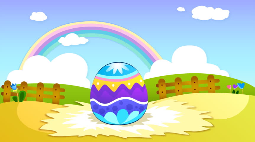 a fluffy and colorful easter bunny popping out of the easter egg. NTSC 