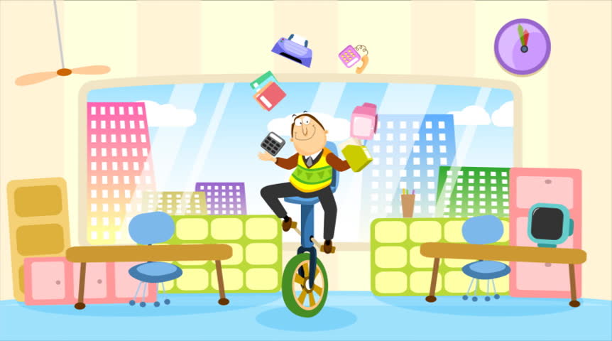 An employee riding a unicycle doing many things at once. NTSC Loopable.
