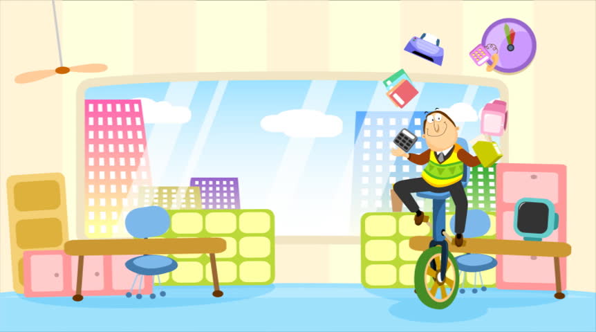 An employee riding a unicycle doing many things at once. Riding from right to left and left to right. NTSC loopable.