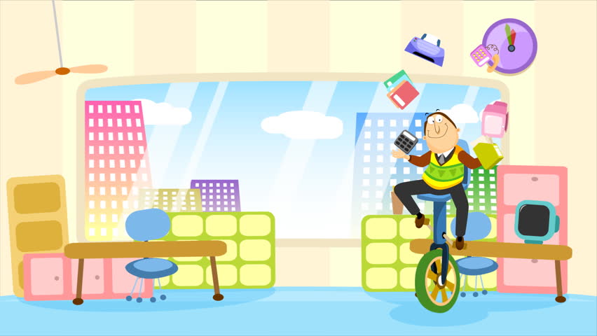 An employee riding a unicycle doing many things at once. Riding from right to left and left to right. HD loopable. 