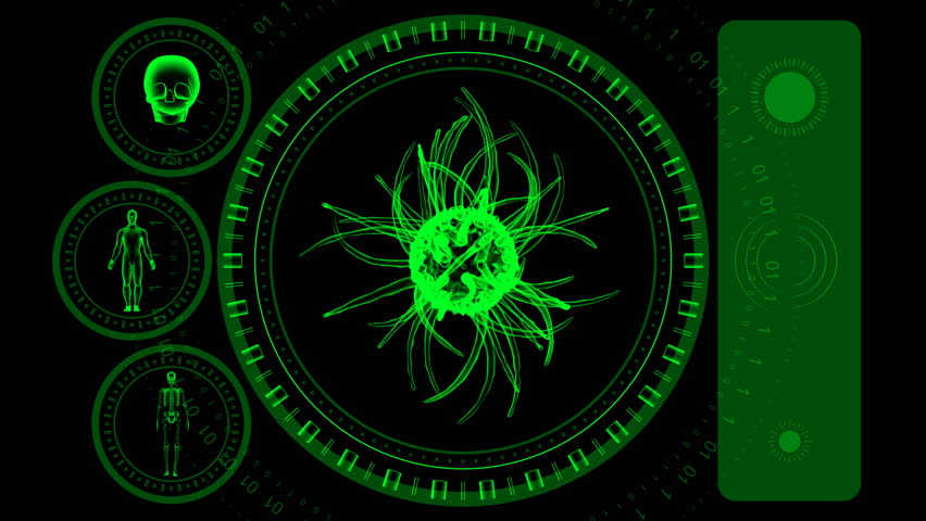 Virus Scan Screen - Hi-tech 18 (HD) - 3D animation. Medical, scientific, crime or hi-tech background. Screen with spinning virus or cell and spinning rings. Alpha included, loop.