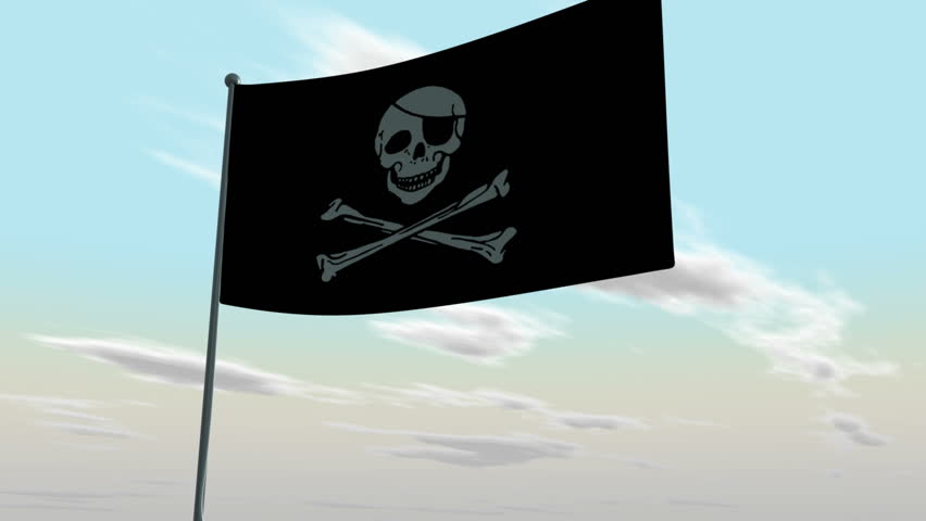 Pirate flag waving in the wind with a sunflare