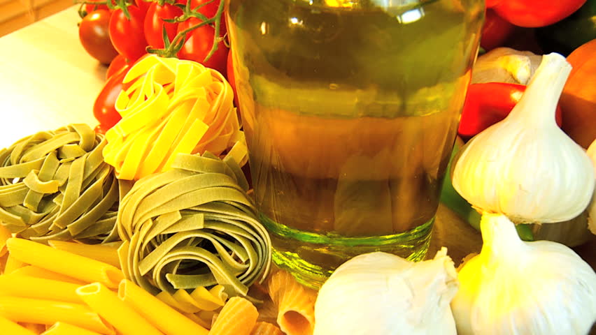 Fresh vegetables, salad ingredients, pasta & olive oil to make healthy vegetarian meals