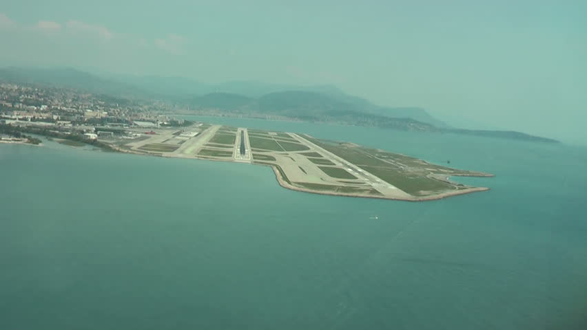 Final Approach. Aircraft landing in Nice. Crew view.