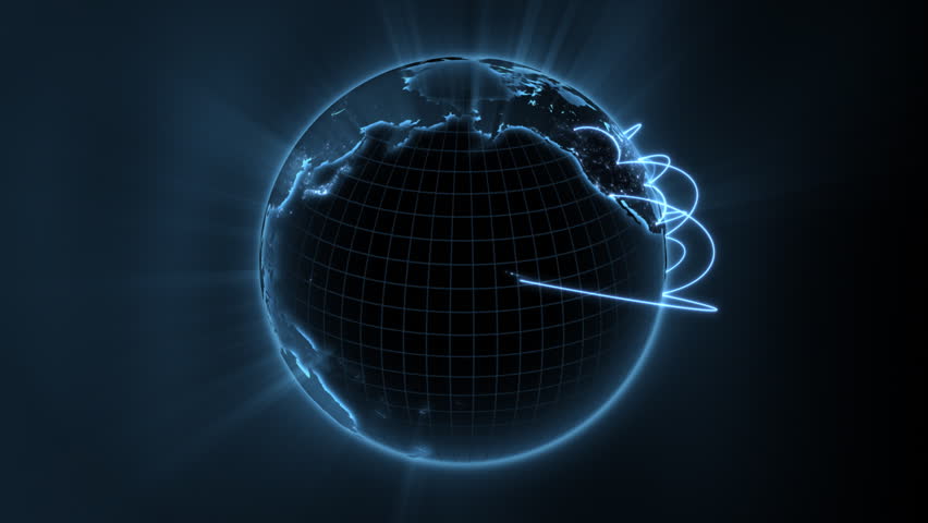 loopable 3d animation of a spinning globe with a growing global network - blue version