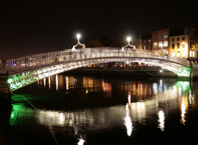 Famous Ha'penny bridge time lipse at night, Dublin, Republic of Ireland