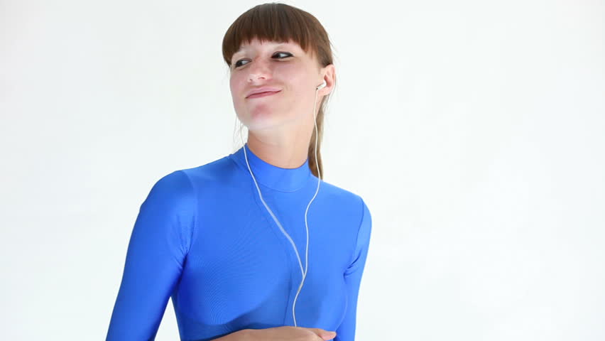 woman in blue leotard hearing music