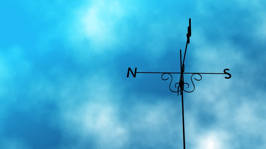 Weather Vane Change  animated loop of a weather vane blowing in the wind. As the clouds take a stormy turn midway through the vane switches direction completely.