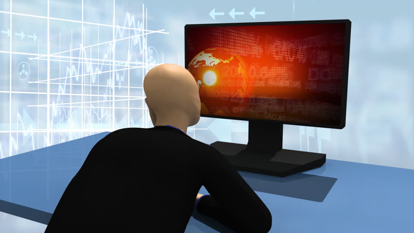 Animated graphics presenting 3d man looking at declined share market