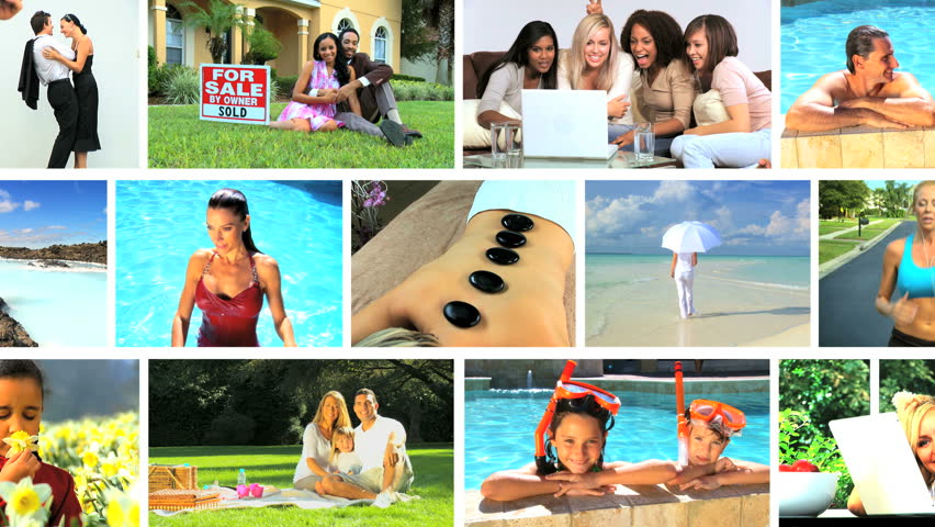 Montage collection of families, children, couples & groups of friends enjoying a variety of fun lifestyle activities