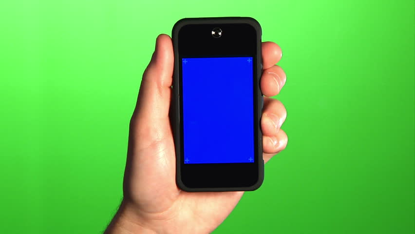 Holding a mobile smartphone.  Green screen for your custom background, and a blue screen for your custom video content.  Blue screen has corner has marks for advanced tracking.  