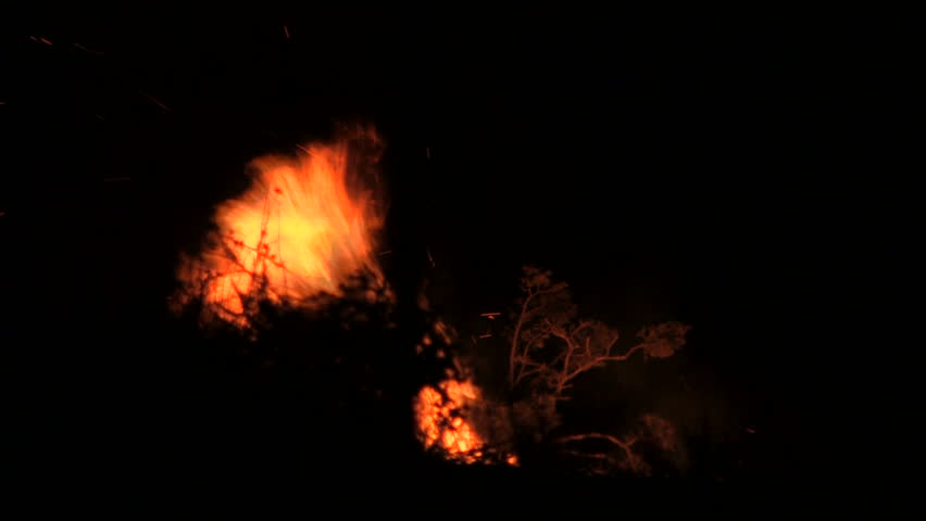 During a California wildfire, brush is consumed by fire. The blaze grows as firemen rush to save homes. You can hear a bulldozer nearby clearing the hillside.