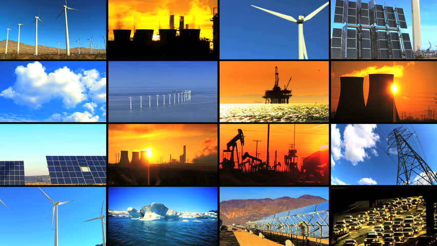 Montage of clips contrasting renewable clean energy production with fossil fuel pollution & the damage it can cause