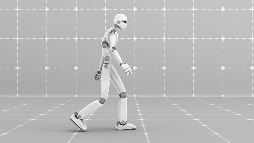 White futuristic robot walking indoor- Side view - Gray background laboratory