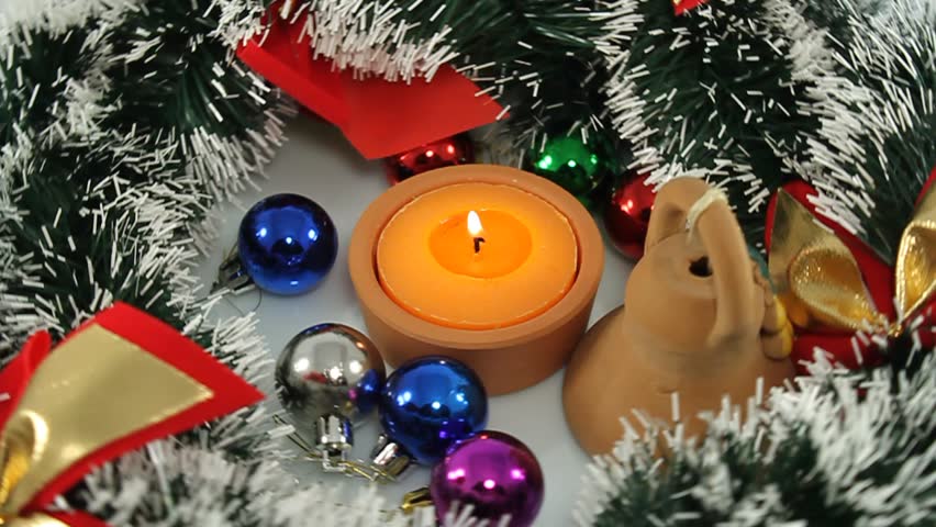 Candle, Christmas toys, garlands and bells