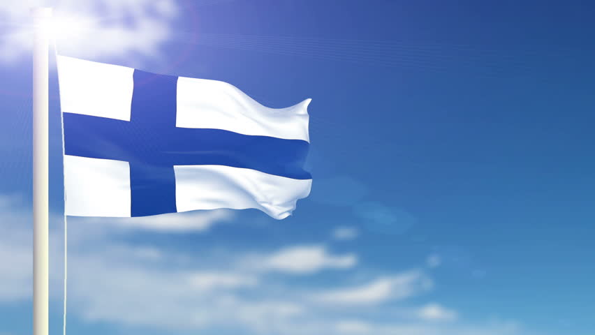 Finland flag waving. Sky background. Seamless loop.