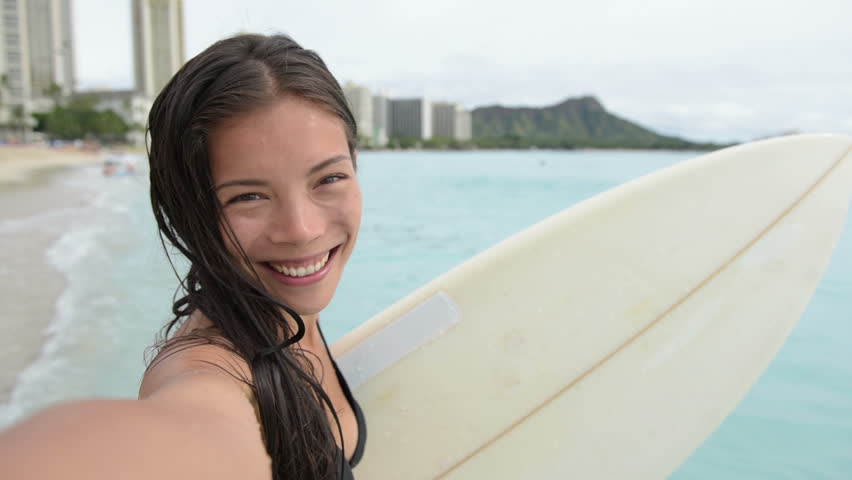 Surfing Surfer Girl Taking Selfie Photograph Holding Surfboard On Beach Sexy Beautiful Bikini 