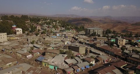 Drone aerial shots Ethiopia Gondar Marketplace street scene in Mekelle poverty village people