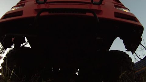 View under truck. Scene. Close-up view of details of depreciation of truck. Concept of trucks