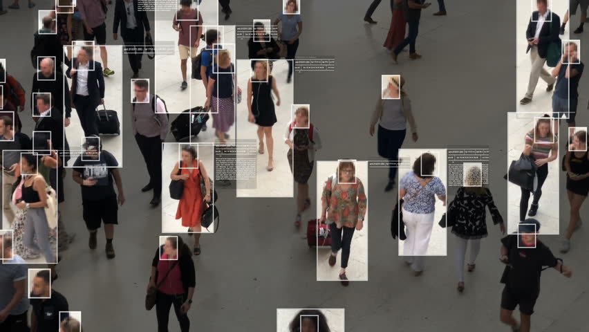 High view of commuters walking. Facial recognition interface showing personal data for each person. Surveillance concept. Artificial intelligence. Deep learning.