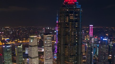 SHANGHAI, CHINA - CIRCA October 2018 Aerial view of Lujiazui(The bund) in Shanghai.nightscape