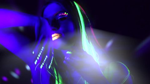 Fashion Model Woman In Neon Light Beautiful Model Girl With Fluorescent Make Up Art Design Of Female Disco Dancer Dancing In Uv Light Colorful Make Up Night Club Party 4k Uhd Video Slow Motion