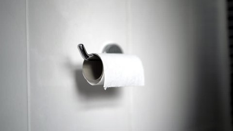 Last Piece Of Toilet Roll Empty Chrome Holder Brown Cardboard White Tiled Background Last Piece Of Toilet Roll Empty Chrome Holder Brown Cardboard White Tiled Background