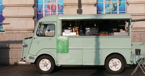 London Uk May 28 2019 London Street Food Vintage Mobile Coffee Van Retro Green Citroen H Food Truck On The Southbank In London United Kingdom Europe Closeup View Dci 4k Resolution