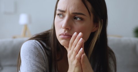 480px x 253px - Sad worried young woman attractive face having psychological problem  feeling anxiety depression, upset frustrated lonely lady thinking of grief  troubled with unwanted pregnancy concept, close up view