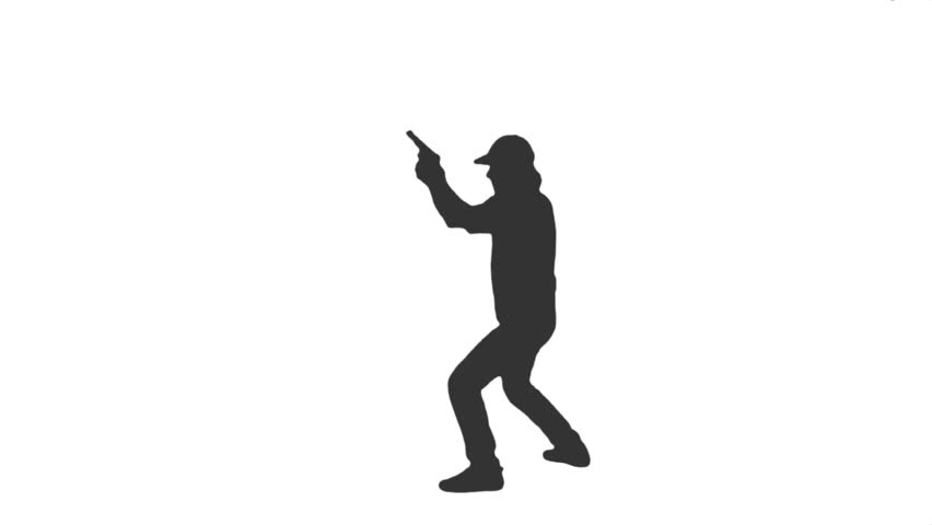 silhouette of detective with a gun running shooting side view full hd footage