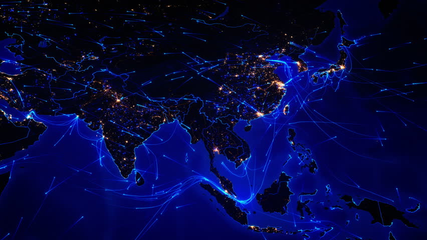 world map with bright connections and city lights aerial maritime terrestrial routes and