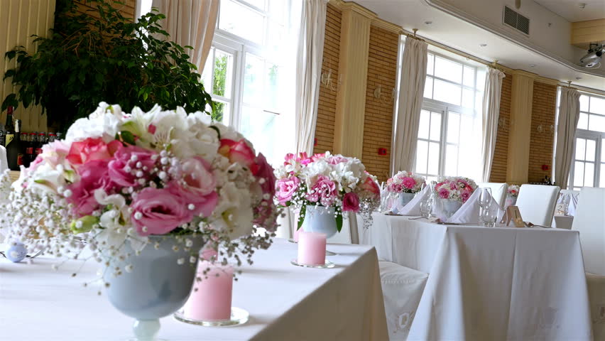 Decorated Tables festively decorated table decorated with flowers stock footage Decorated Tables festively decorated table decorated with flowers stock footage