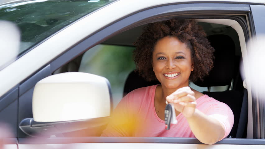 Portrait Of Happy Confident African American Girl Driving New Car Stock ...