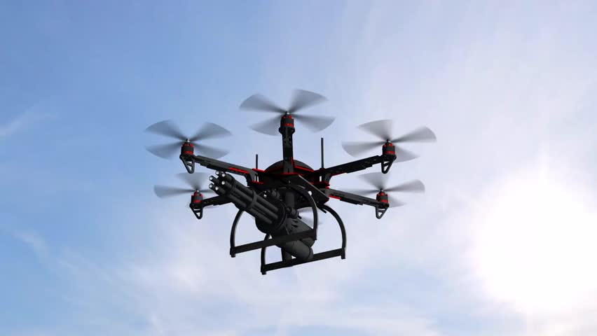 Drone Hexacopter Armed With Minigun Flying In The Sky Stock Footage ...