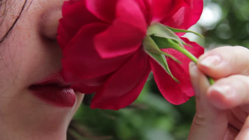 Beautiful Teenage Girl Smells Single Red Rose 1