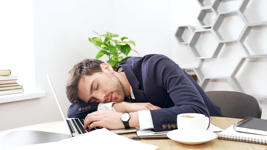 Young Successful Businessman Falling Asleep Stok Video 100