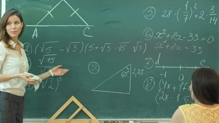 Физик скул. Physics teacher at the blackboard. A female teacher holding a Fallen Chalk on the Floor.